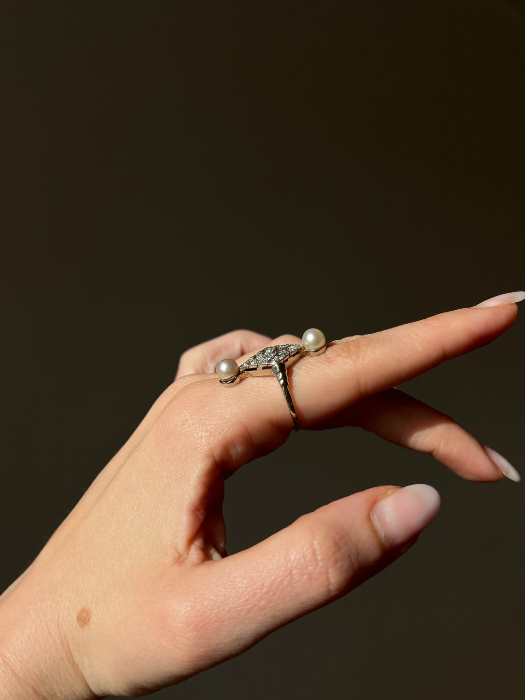 French 18ct and Diamond Deco Double Pearl RIng