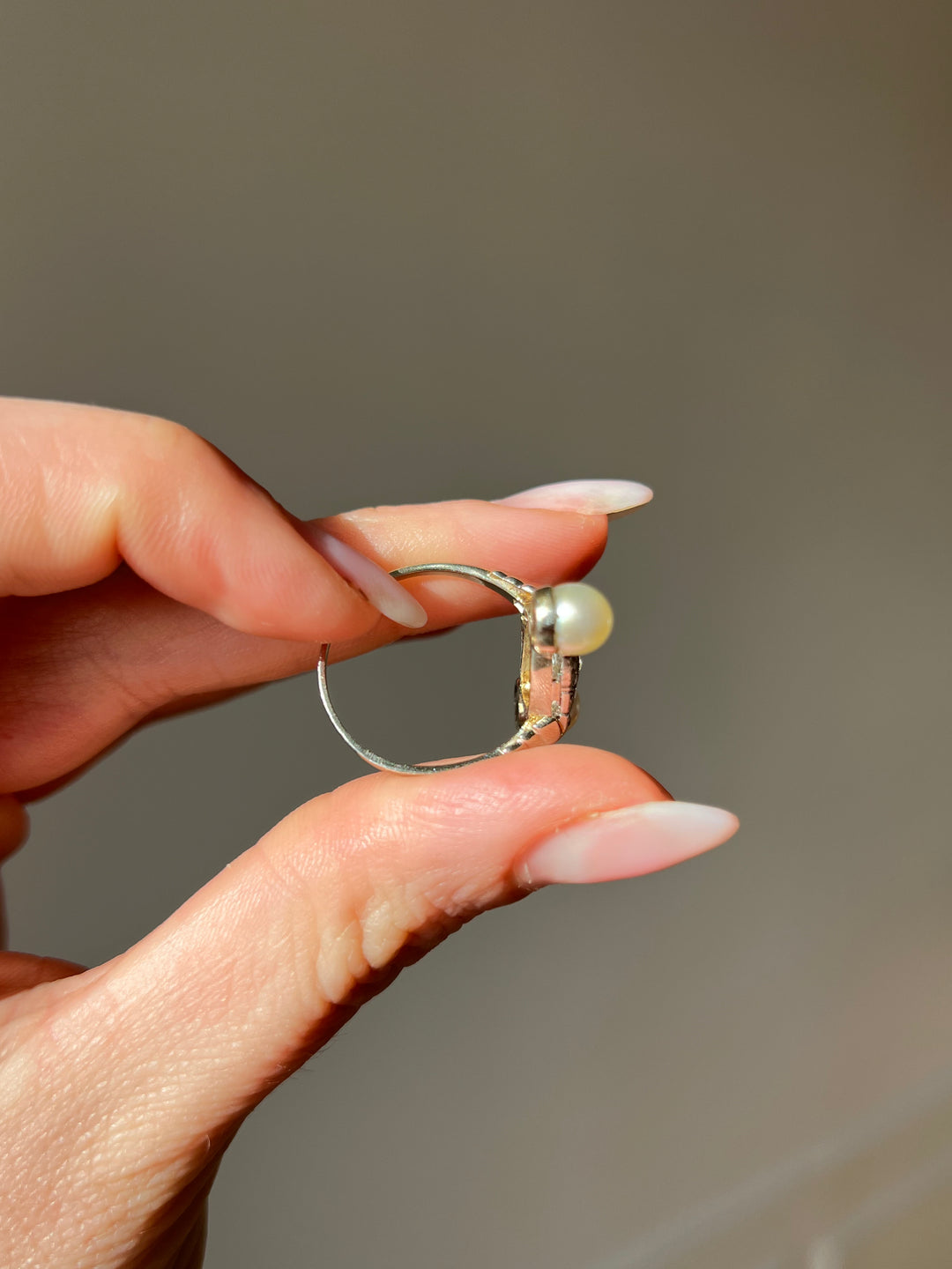 French 18ct and Diamond Deco Double Pearl RIng