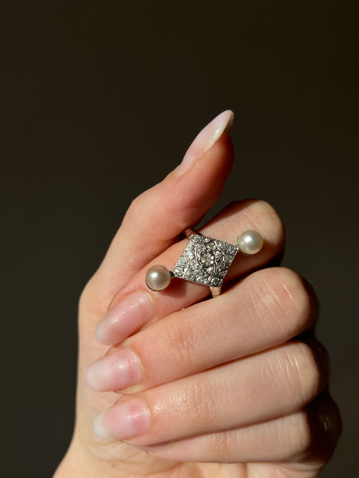 French 18ct and Diamond Deco Double Pearl RIng
