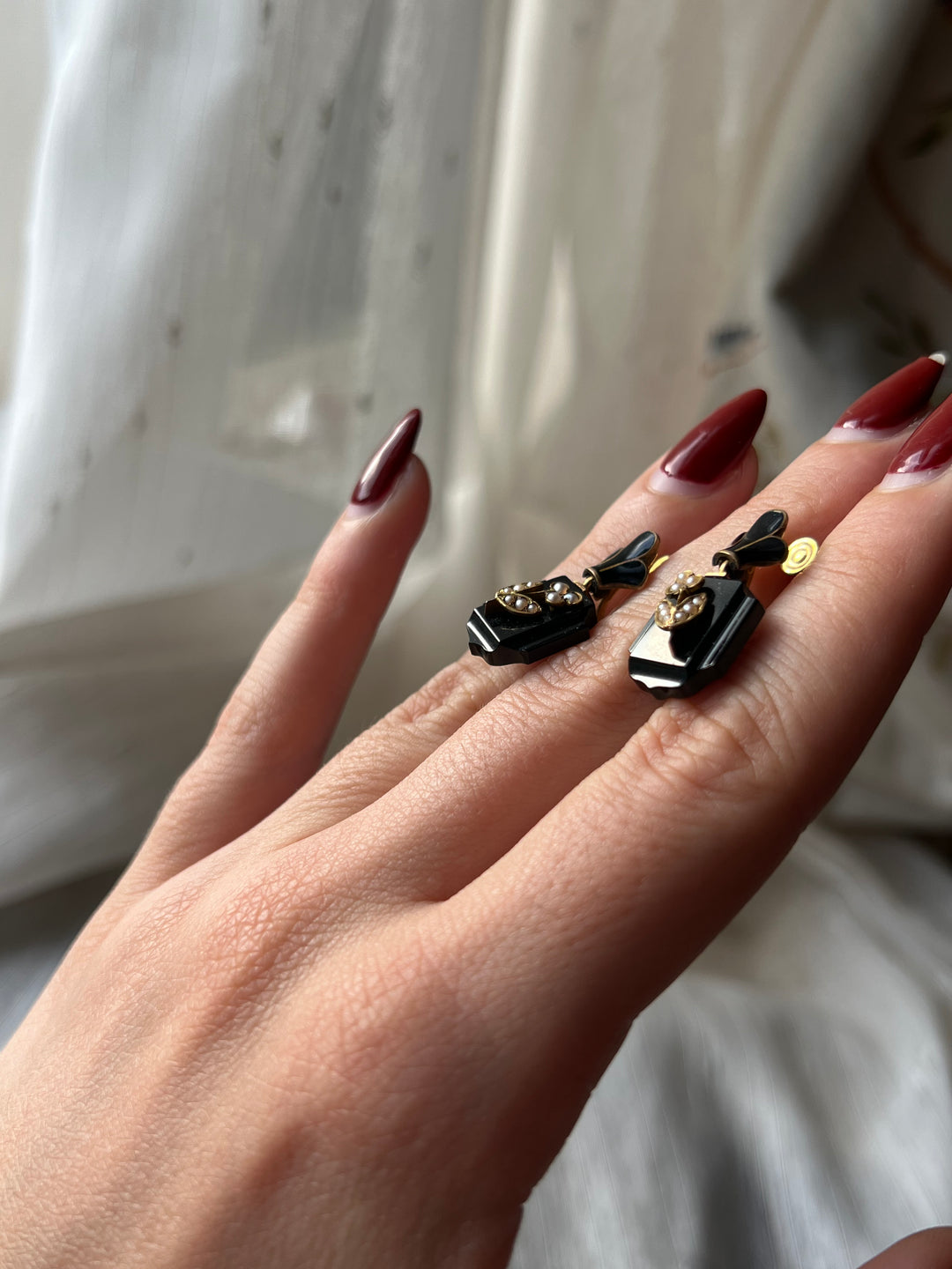 Onyx, Pearl, and Enamel Earrings C. 1890