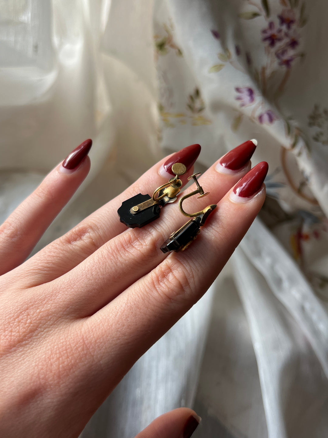 Onyx, Pearl, and Enamel Earrings C. 1890