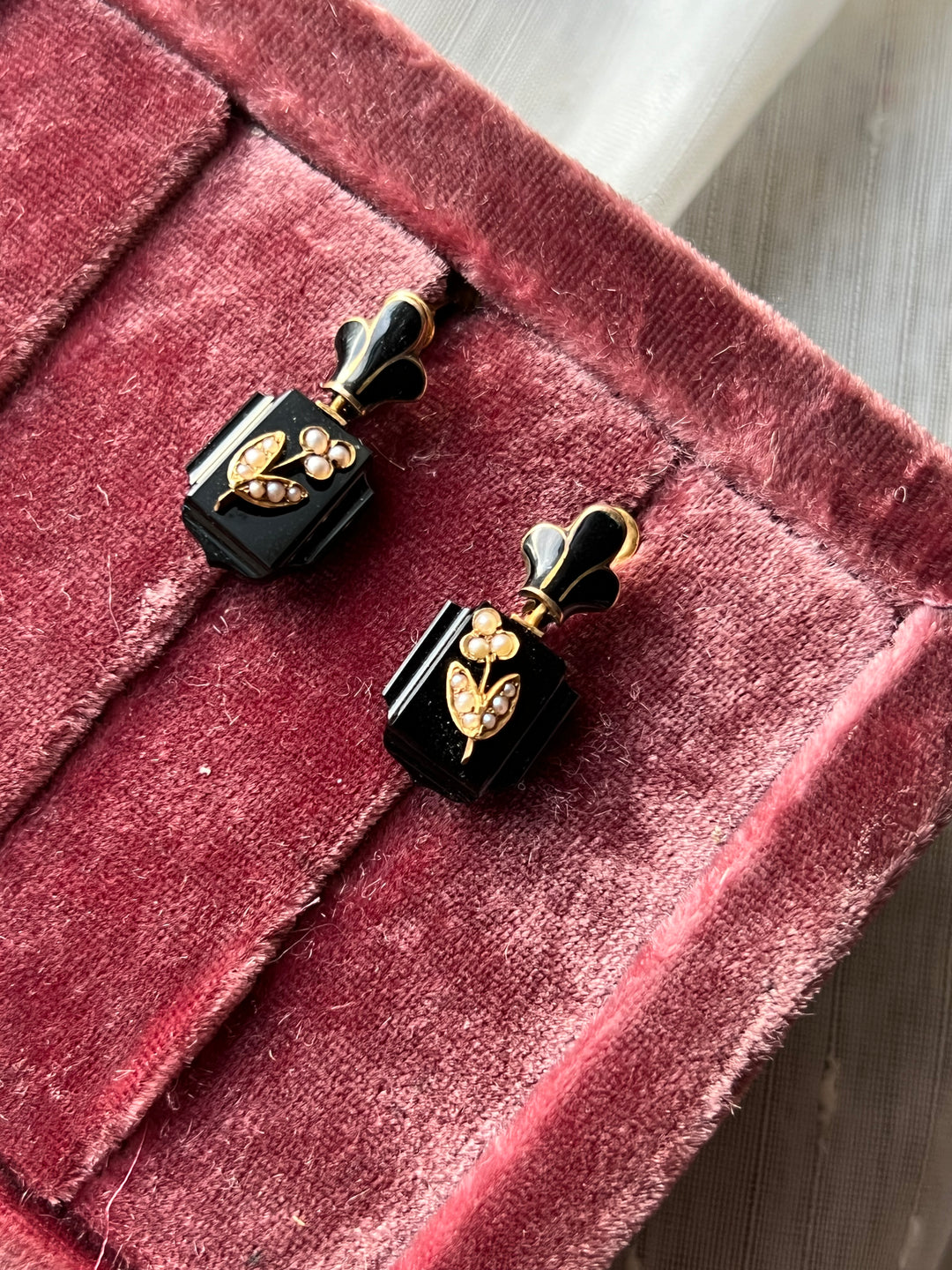 Onyx, Pearl, and Enamel Earrings C. 1890