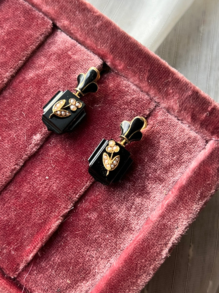 Onyx, Pearl, and Enamel Earrings C. 1890