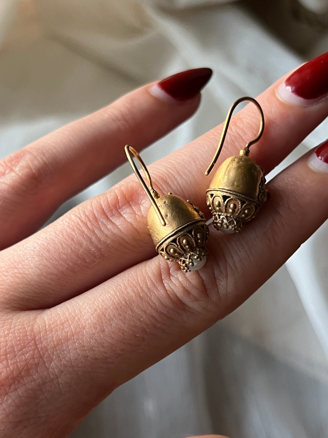 Gilt Metal Earrings with Pearls and Garnet Paste