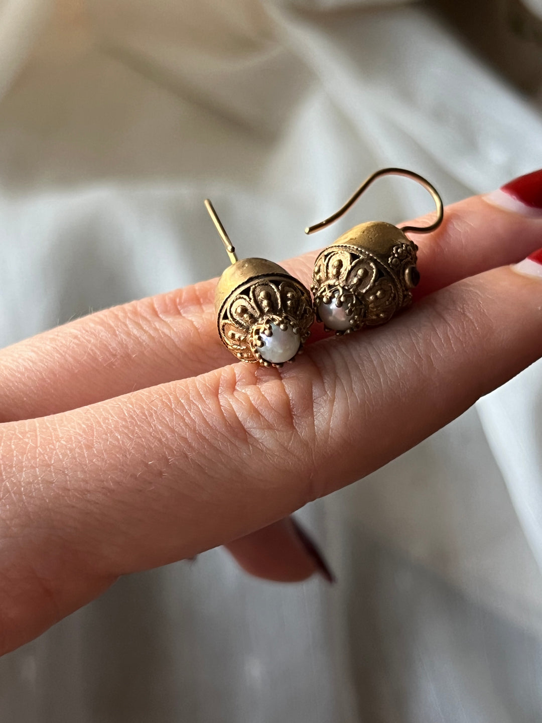 Gilt Metal Earrings with Pearls and Garnet Paste