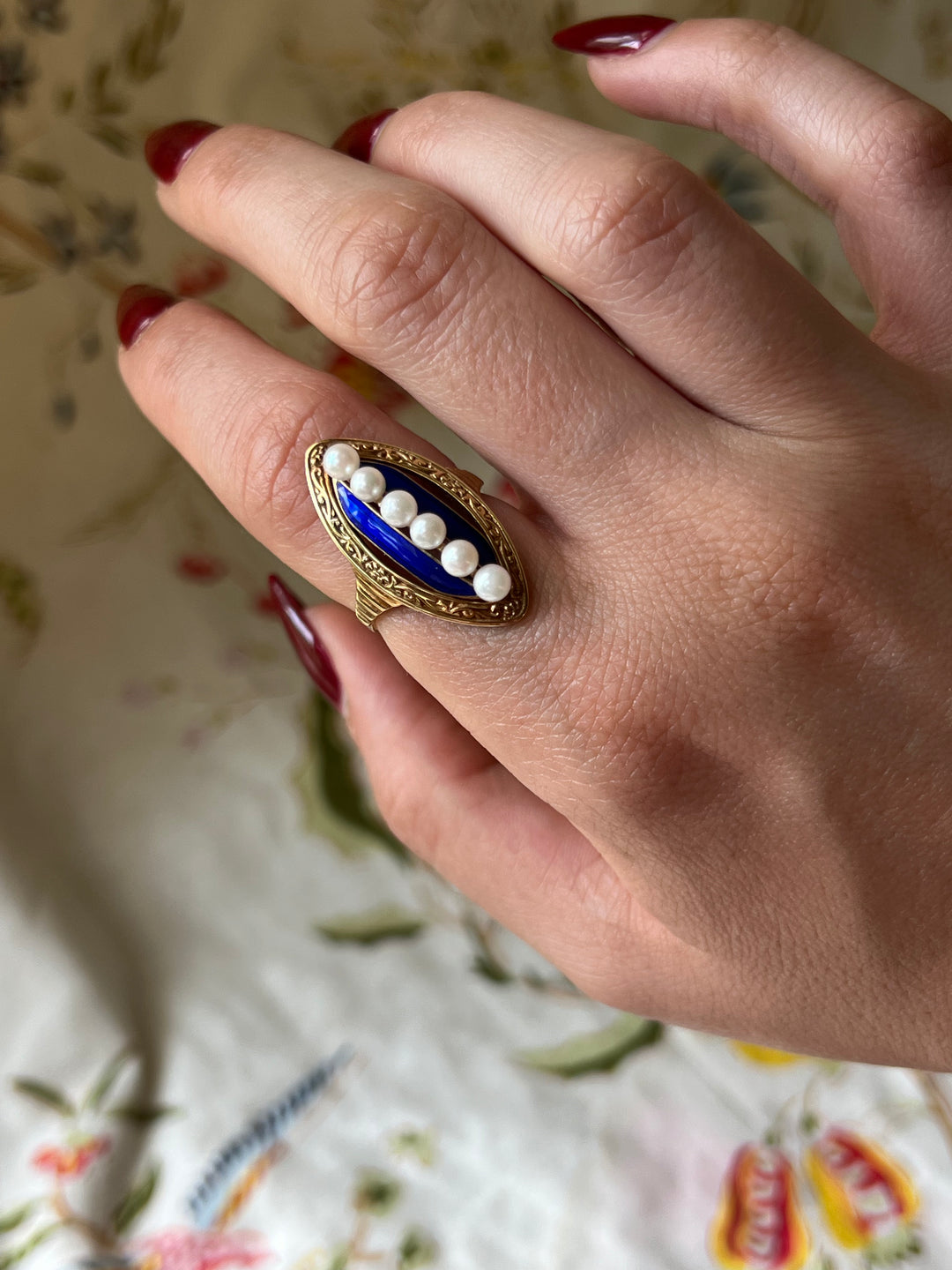 Blue Enamel and Pearl Navette in 14ct