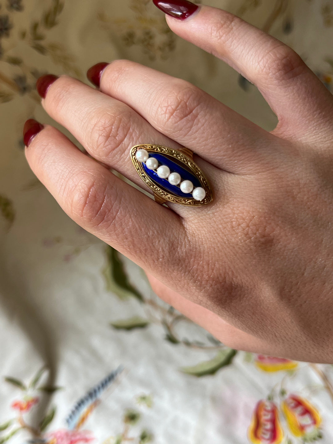 Blue Enamel and Pearl Navette in 14ct