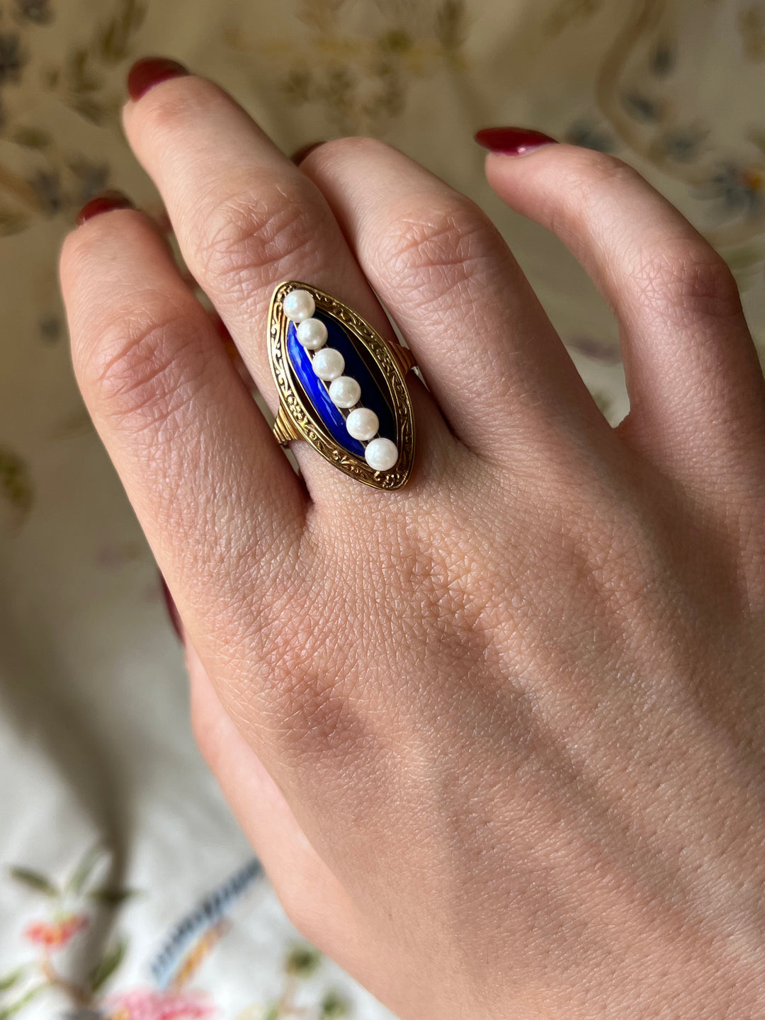 Blue Enamel and Pearl Navette in 14ct