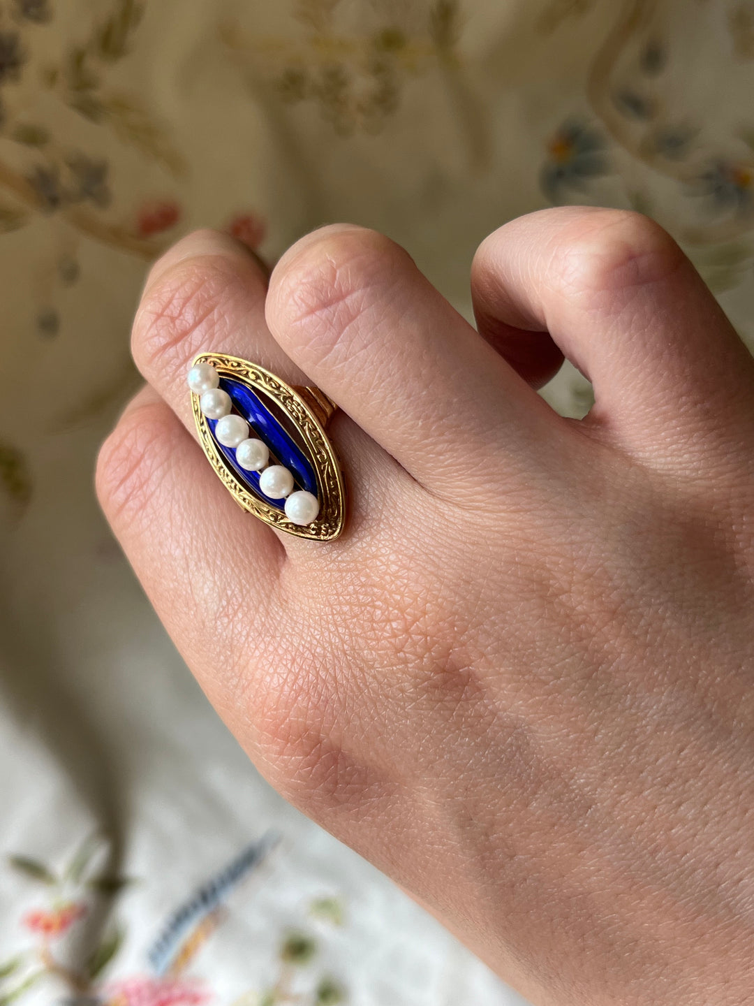 Blue Enamel and Pearl Navette in 14ct