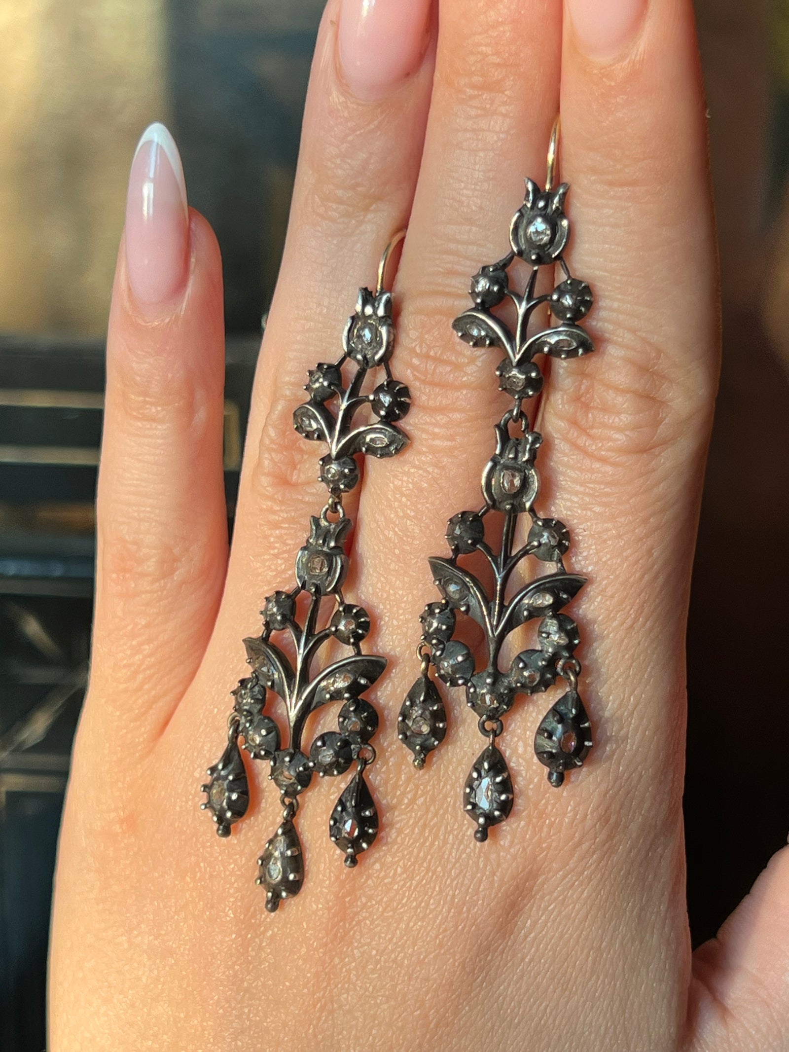 Rose Cut Diamond Giardinetti Earrings c.1800 featuring delicate floral motifs set with sparkling rose-cut diamonds in an early 19th-century garden-inspired design.