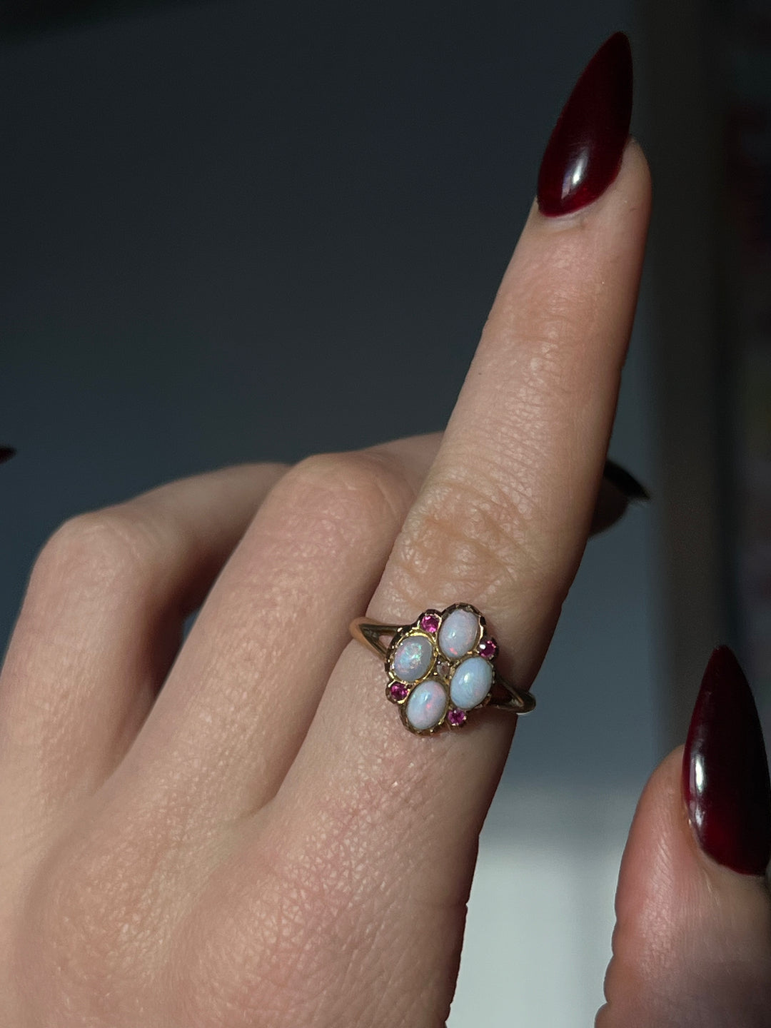 18ct Opal and Ruby Flower Ring