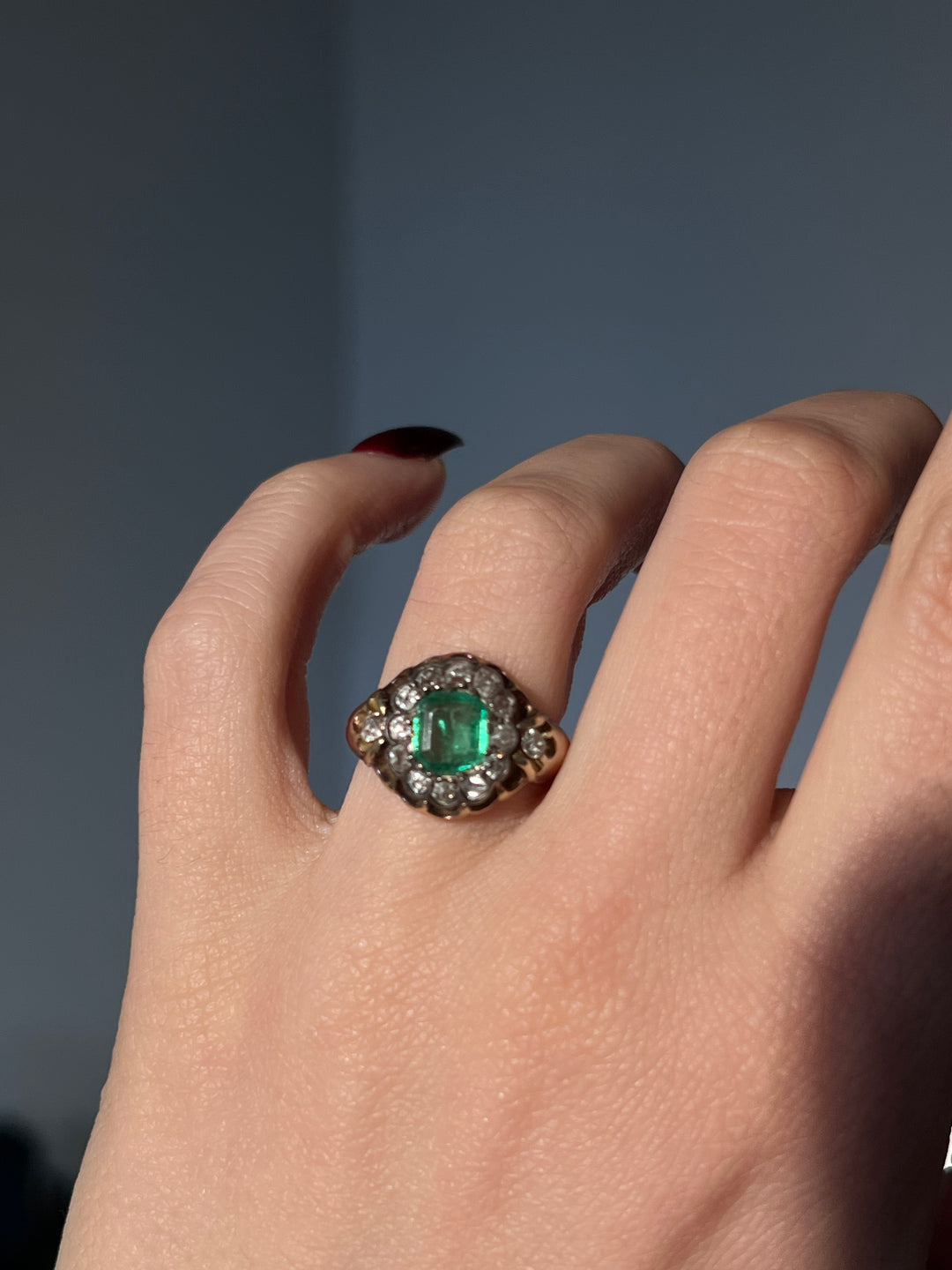 Emerald and Diamond Cluster Ring c. 1860