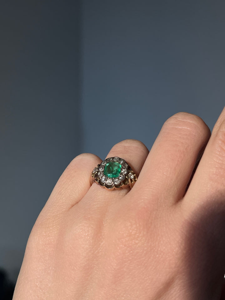 Emerald and Diamond Cluster Ring c. 1860