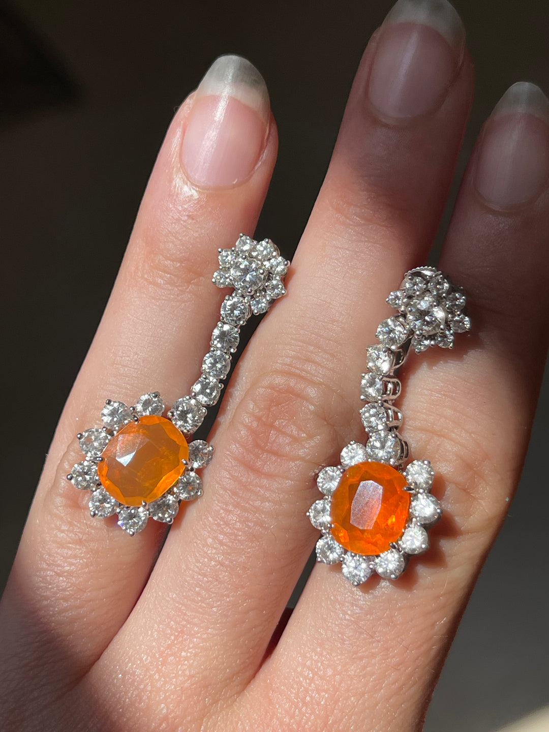 Fire Opal & Diamond Drop Earrings | 5.10ct Opals 4.30ct Diamonds | 18ct Gold | ALPA Backs | c.1980s