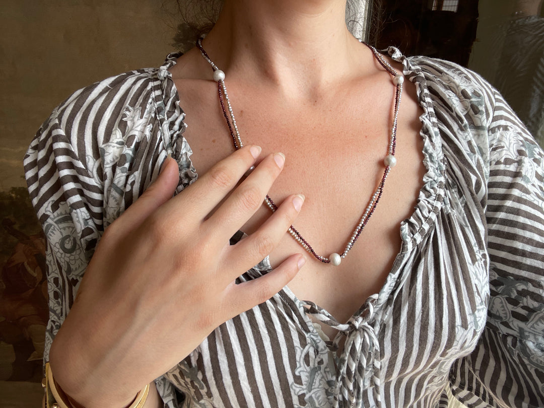 The Eloise | 26" Grey Pearl & Garnet | St. Valentine Collection | 9.5mm Grey Japanese Pearls