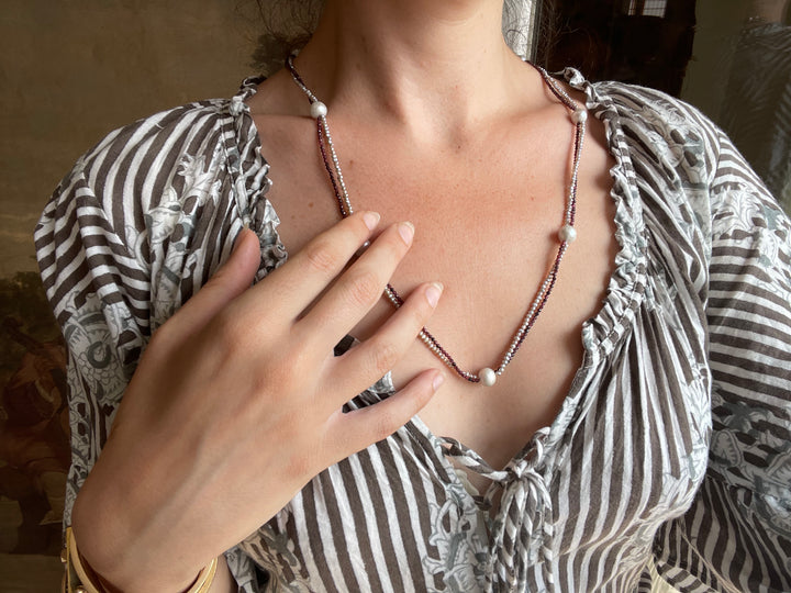 The Eloise | 26" Grey Pearl & Garnet | St. Valentine Collection | 9.5mm Grey Japanese Pearls