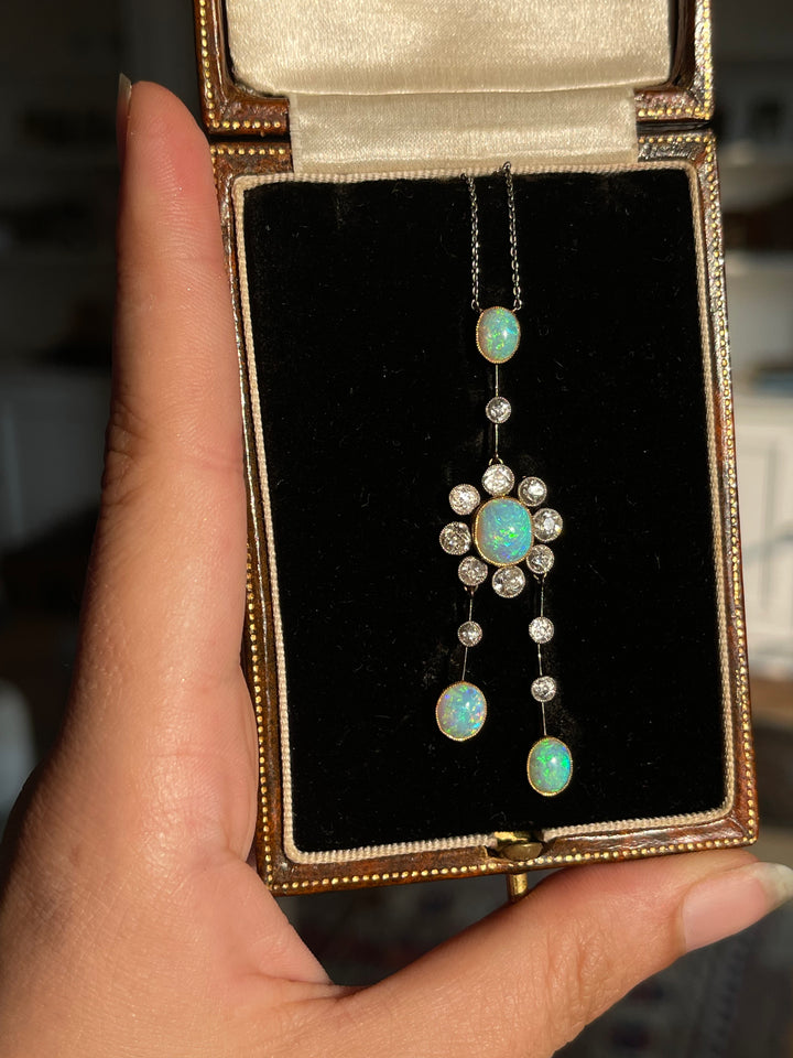 Edwardian Opal & Diamond Négligée Necklace | 18ct & Platinum | Original Box | English c.1910