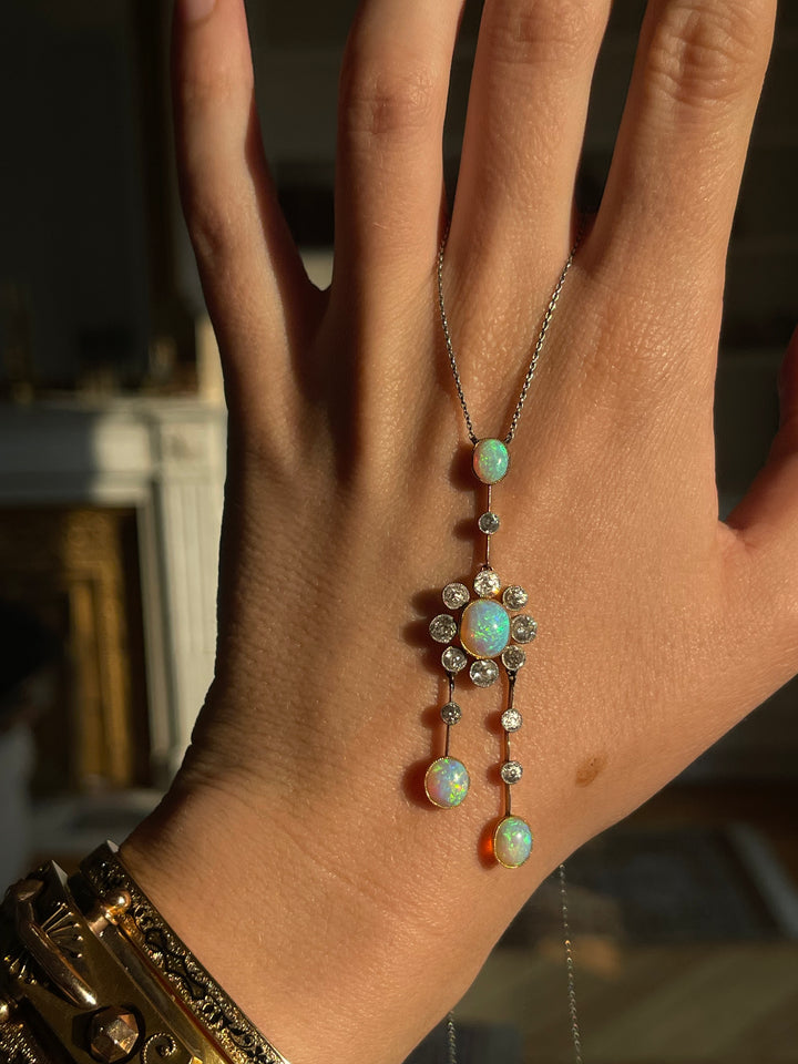 Edwardian Opal & Diamond Négligée Necklace | 18ct & Platinum | Original Box | English c.1910