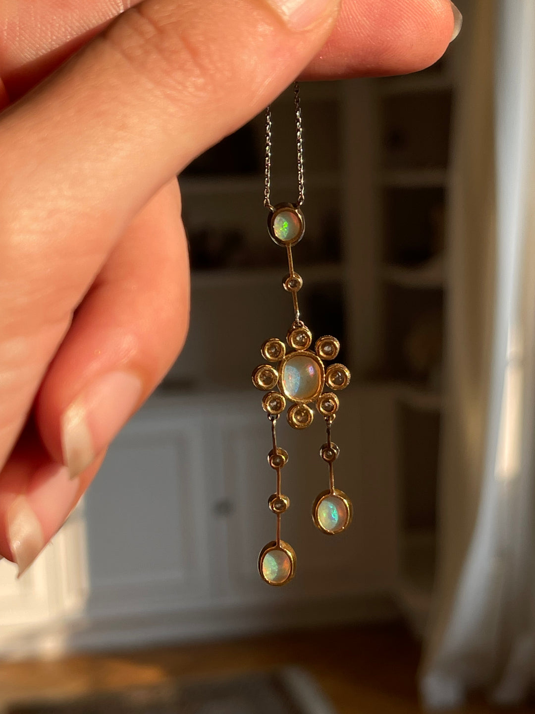 Edwardian Opal & Diamond Négligée Necklace | 18ct & Platinum | Original Box | English c.1910