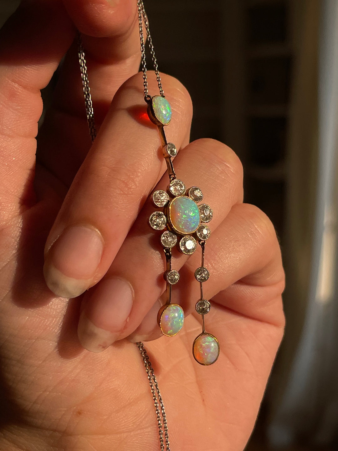 Edwardian Opal & Diamond Négligée Necklace | 18ct & Platinum | Original Box | English c.1910