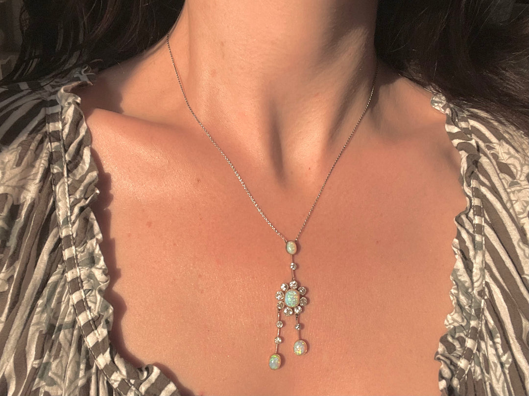 Edwardian Opal & Diamond Négligée Necklace | 18ct & Platinum | Original Box | English c.1910