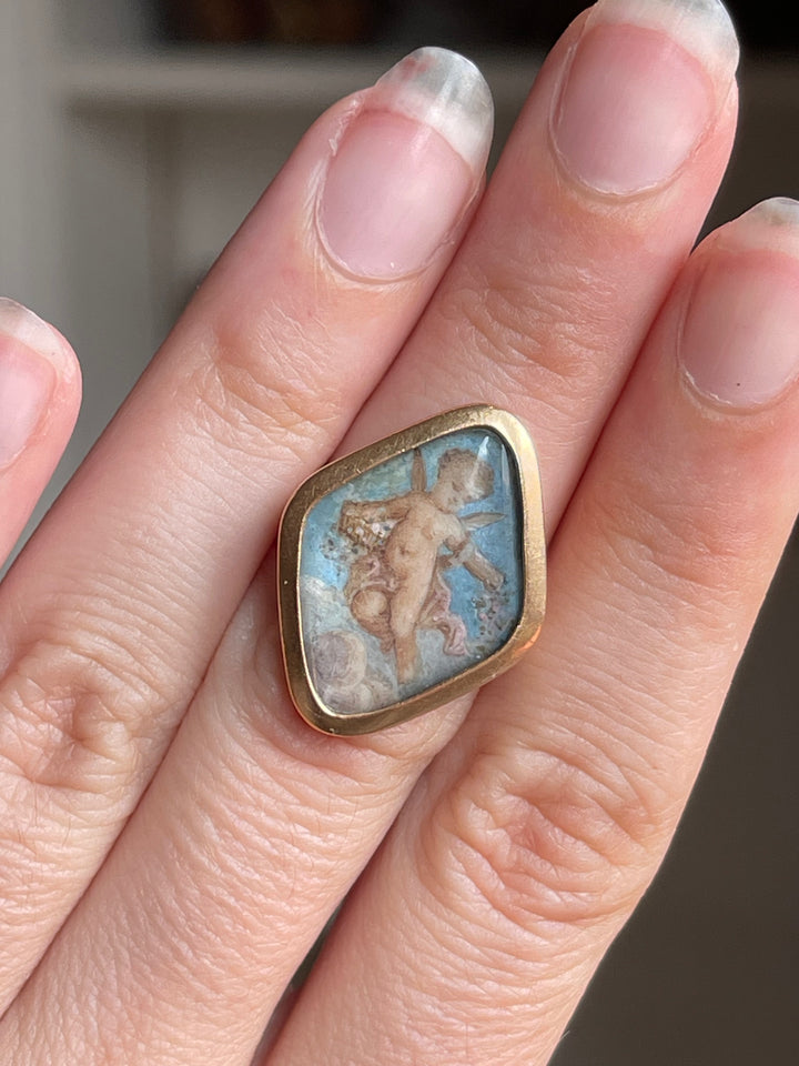 Romantic Period Miniature of Cupid after Raphael | En Grisaille | 18ct Gold Ring | French c.1830-1840