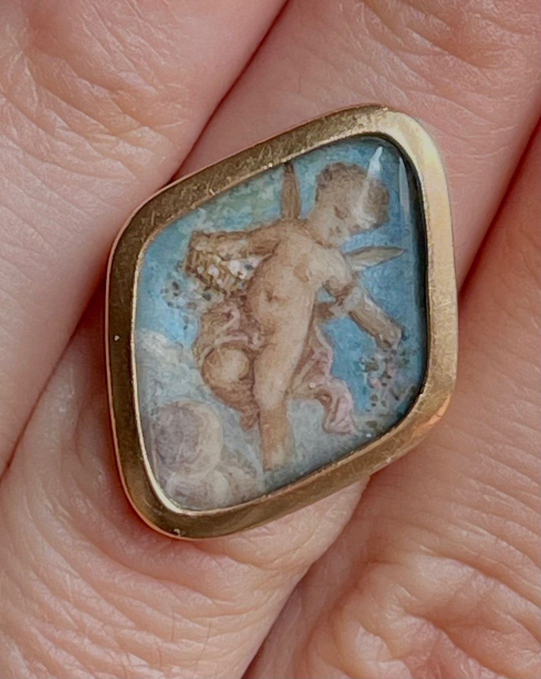 Romantic Period Miniature of Cupid after Raphael | En Grisaille | 18ct Gold Ring | French c.1830-1840