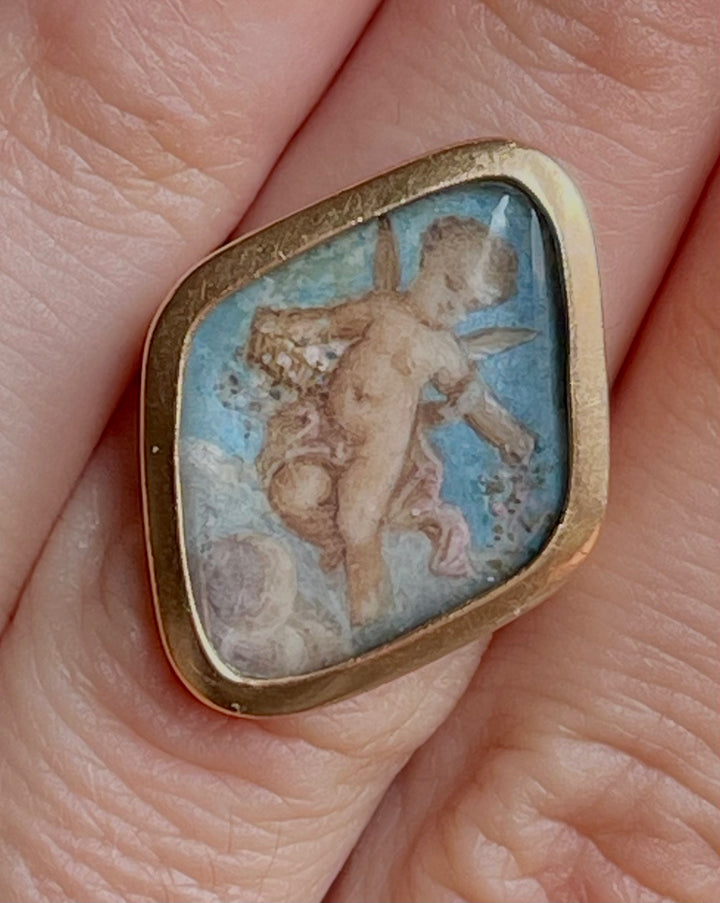 Romantic Period Miniature of Cupid after Raphael | En Grisaille | 18ct Gold Ring | French c.1830-1840