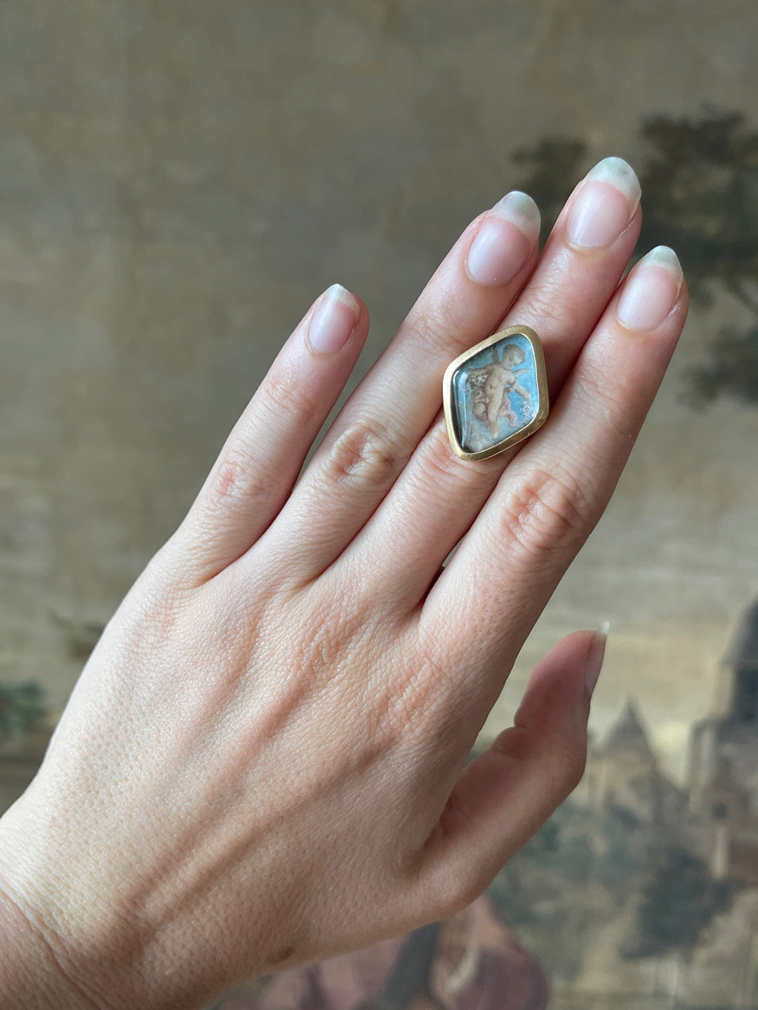 Romantic Period Miniature of Cupid after Raphael | En Grisaille | 18ct Gold Ring | French c.1830-1840