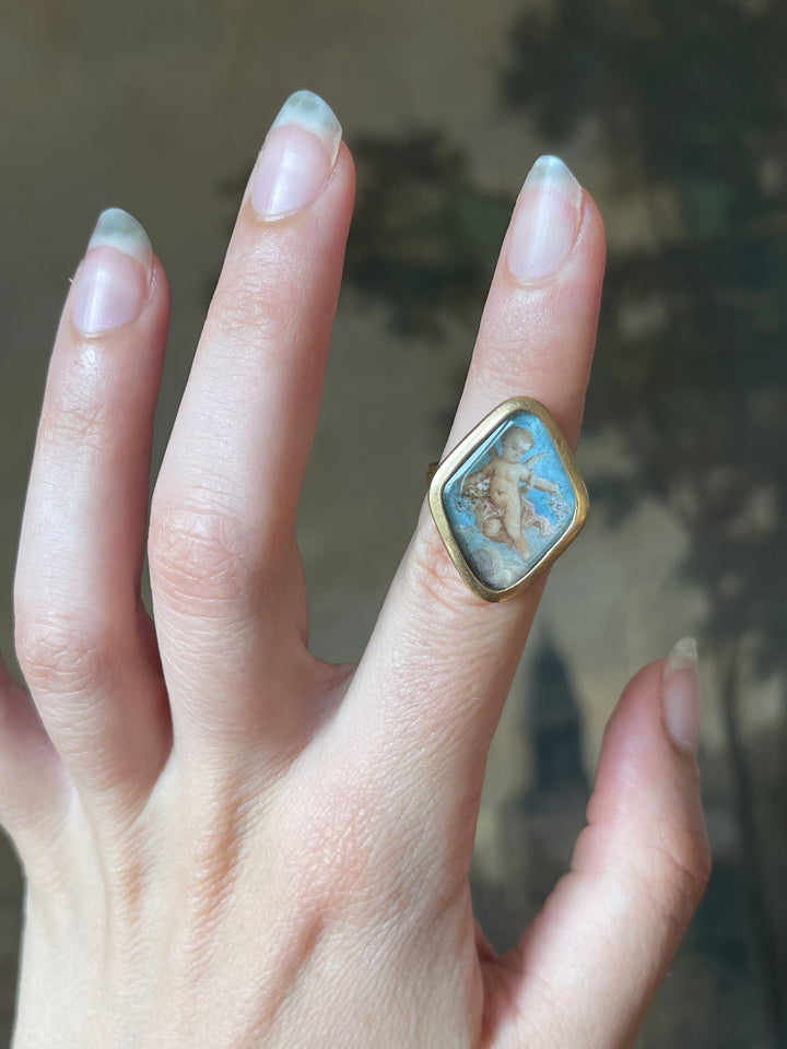 Romantic Period Miniature of Cupid after Raphael | En Grisaille | 18ct Gold Ring | French c.1830-1840