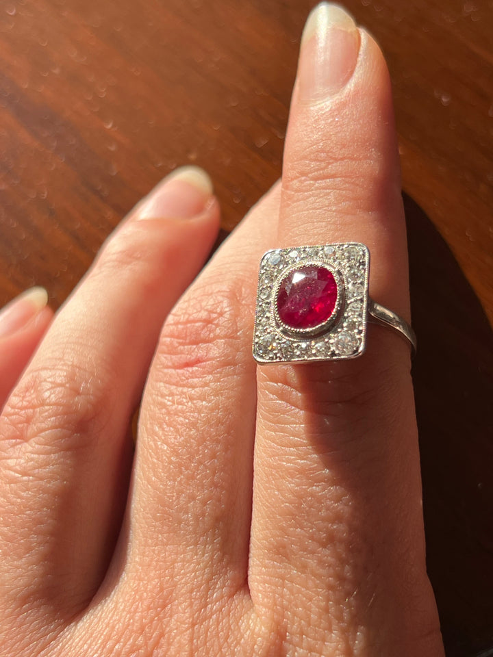 Art Deco Ruby & Diamond Plaque Ring | 2.08ct GemParis Certified Ruby | Platinum | Near Mint