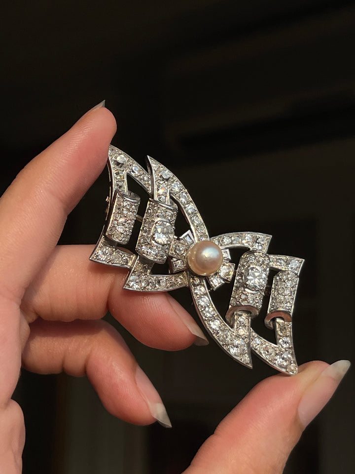 French Diamond Bow Brooch | 5ctw | 18ct White Gold | Post-Art Deco c.1930s