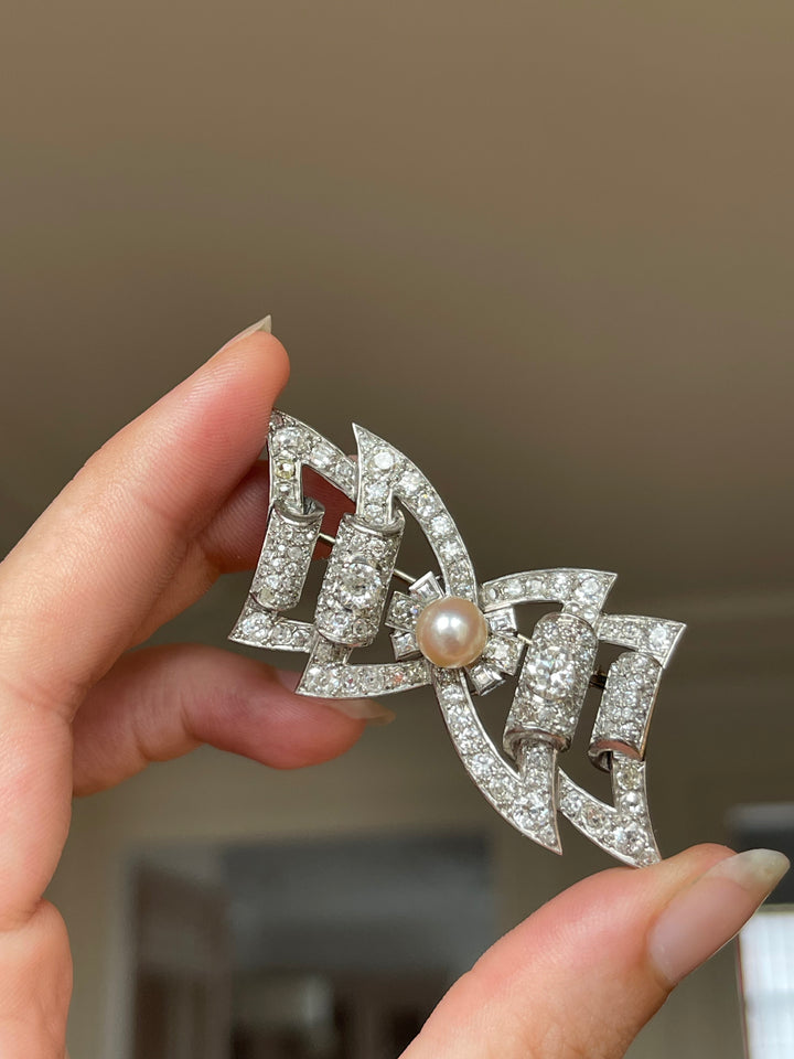 French Diamond Bow Brooch | 5ctw | 18ct White Gold | Post-Art Deco c.1930s