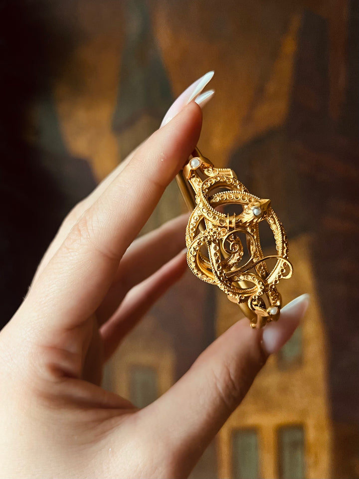 American Etruscan Revival Coiled Snake Bangle with Bloomed Finish C. 1870