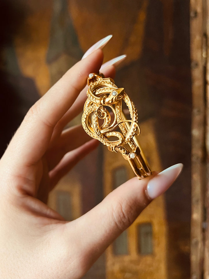 American Etruscan Revival Coiled Snake Bangle with Bloomed Finish C. 1870