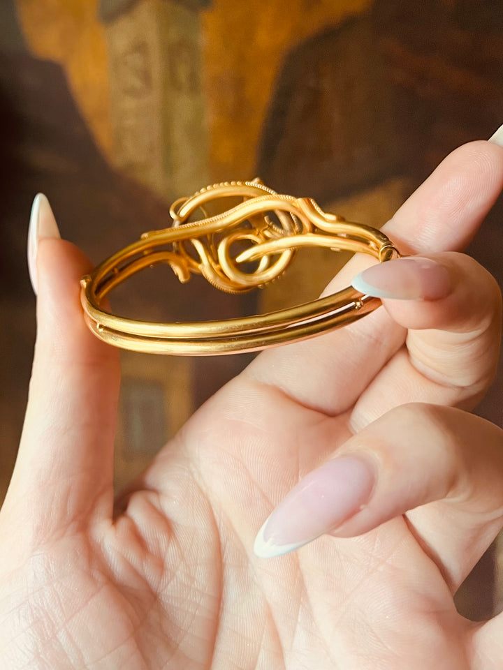 American Etruscan Revival Coiled Snake Bangle with Bloomed Finish C. 1870