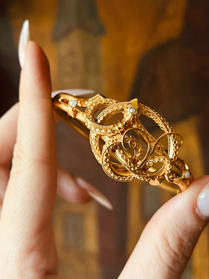 American Etruscan Revival Coiled Snake Bangle with Bloomed Finish C. 1870