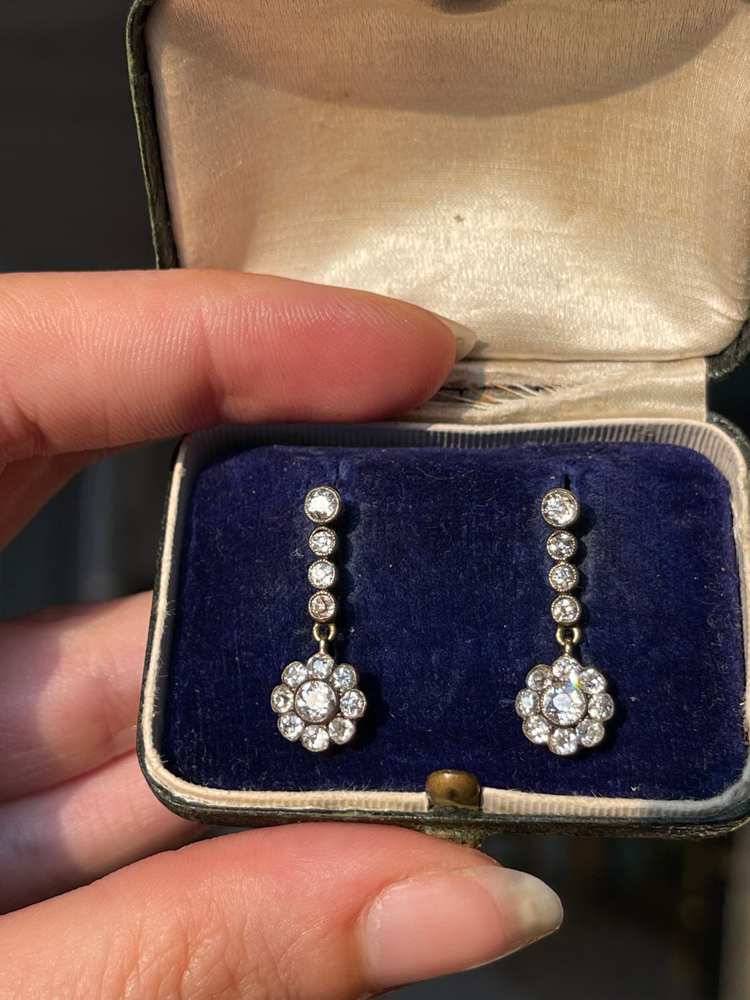 English Dormeuse Diamond Daisy Earrings | .88ctw OEC | 15ct Pink Gold & Sterling | c.1890 | Mint in Box