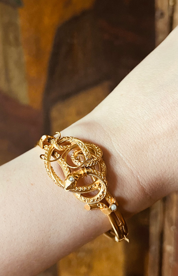 American Etruscan Revival Coiled Snake Bangle with Bloomed Finish C. 1870