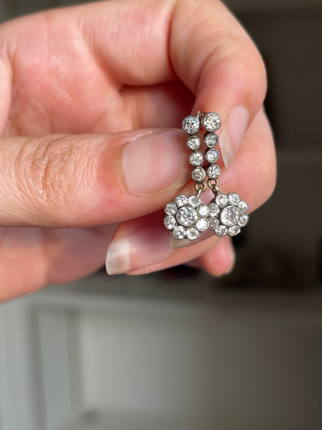 English Dormeuse Diamond Daisy Earrings | .88ctw OEC | 15ct Pink Gold & Sterling | c.1890 | Mint in Box