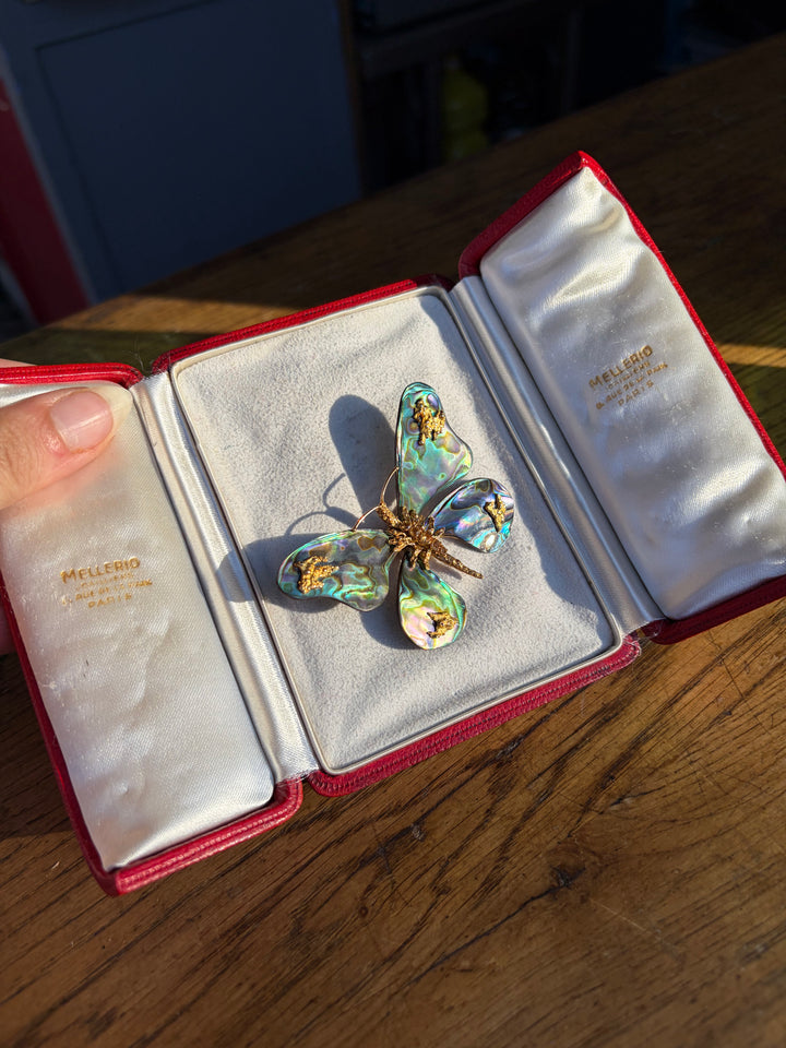 Madame Butterfly; Signed Mellerio Butterfly Brooch Mint in the Original Box c. 1970