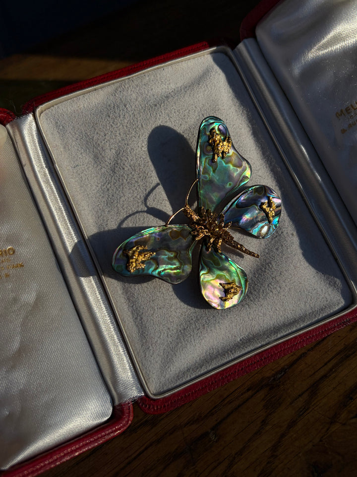 Madame Butterfly; Signed Mellerio Butterfly Brooch Mint in the Original Box c. 1970
