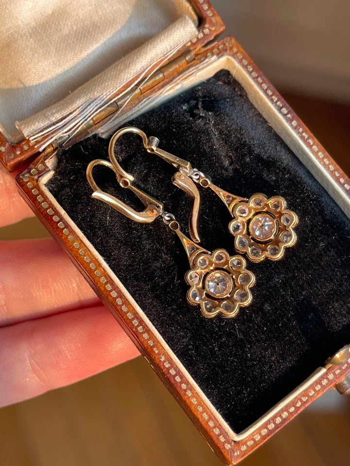 Belle Époque Diamond Daisy Earrings | OEC & Rose Cut | 18ct & Platinum | English c.1890 | Mint in Box