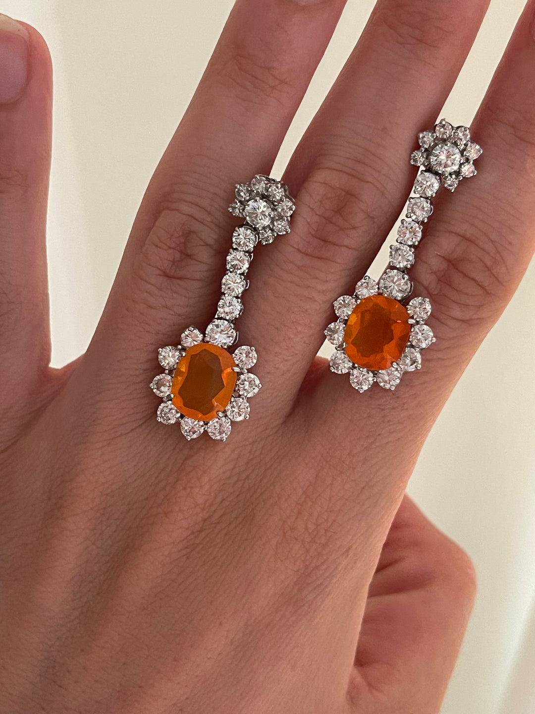 Fire Opal & Diamond Drop Earrings | 5.10ct Opals 4.30ct Diamonds | 18ct Gold | ALPA Backs | c.1980s