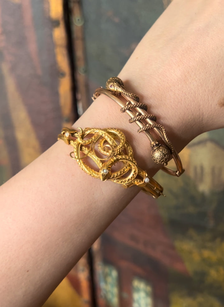 American Etruscan Revival Coiled Snake Bangle with Bloomed Finish C. 1870