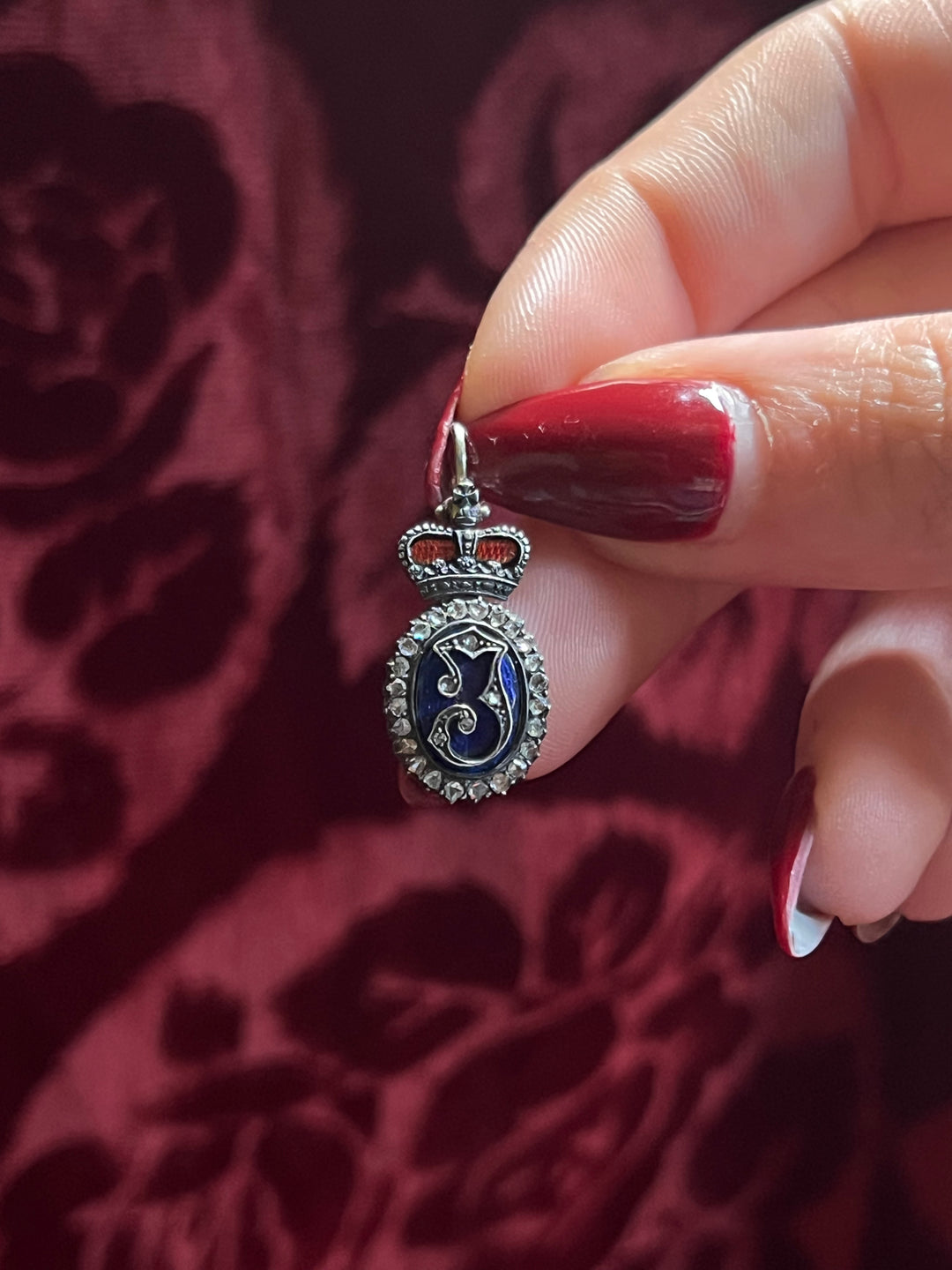 19th Century Rose Cut Diamond & Enamel J Pendant