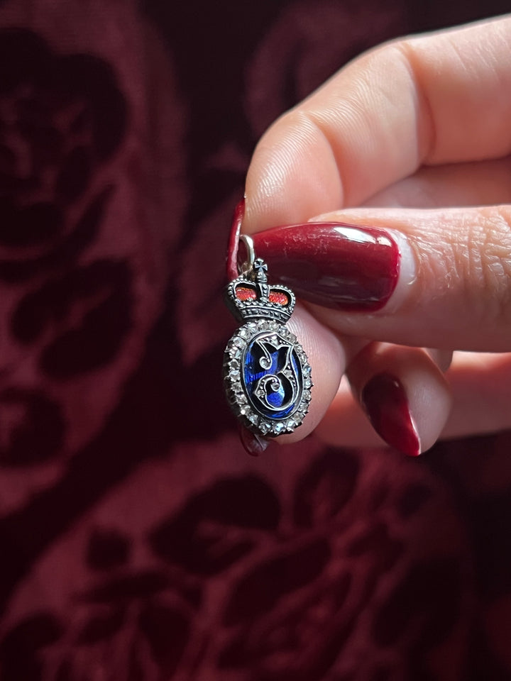 19th Century Rose Cut Diamond & Enamel J Pendant