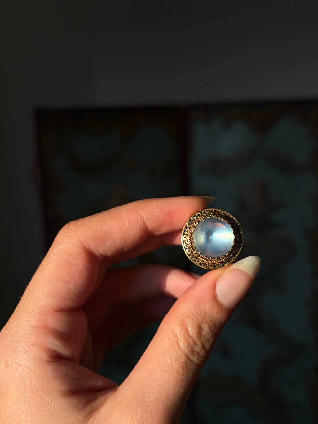 The Pyramid Sugarloaf Moonstone Ring with Orientalist Details
