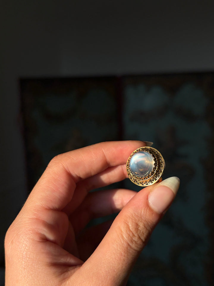 The Pyramid Sugarloaf Moonstone Ring with Orientalist Details