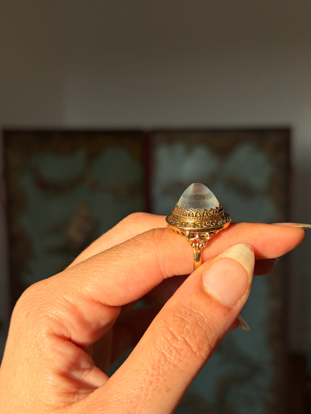 The Pyramid Sugarloaf Moonstone Ring with Orientalist Details